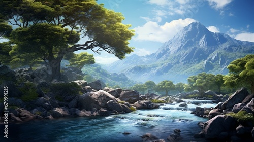 A tree by a crystal-clear mountain stream, a pure and refreshing sight