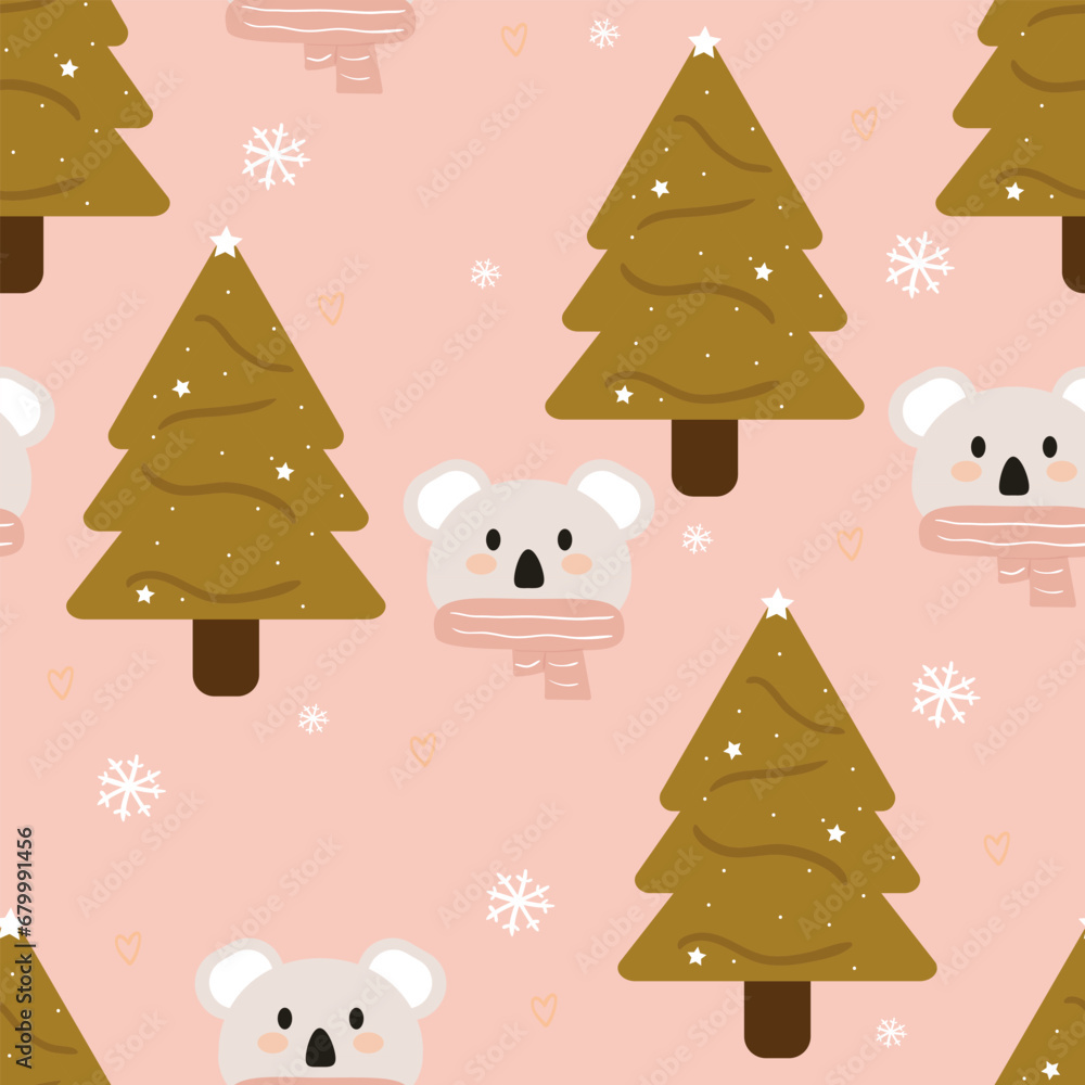 Cartoon koala wearing a scarf cute seamless pattern in winter and christmas illustration. cute animal wallpaper for gift wrapping paper