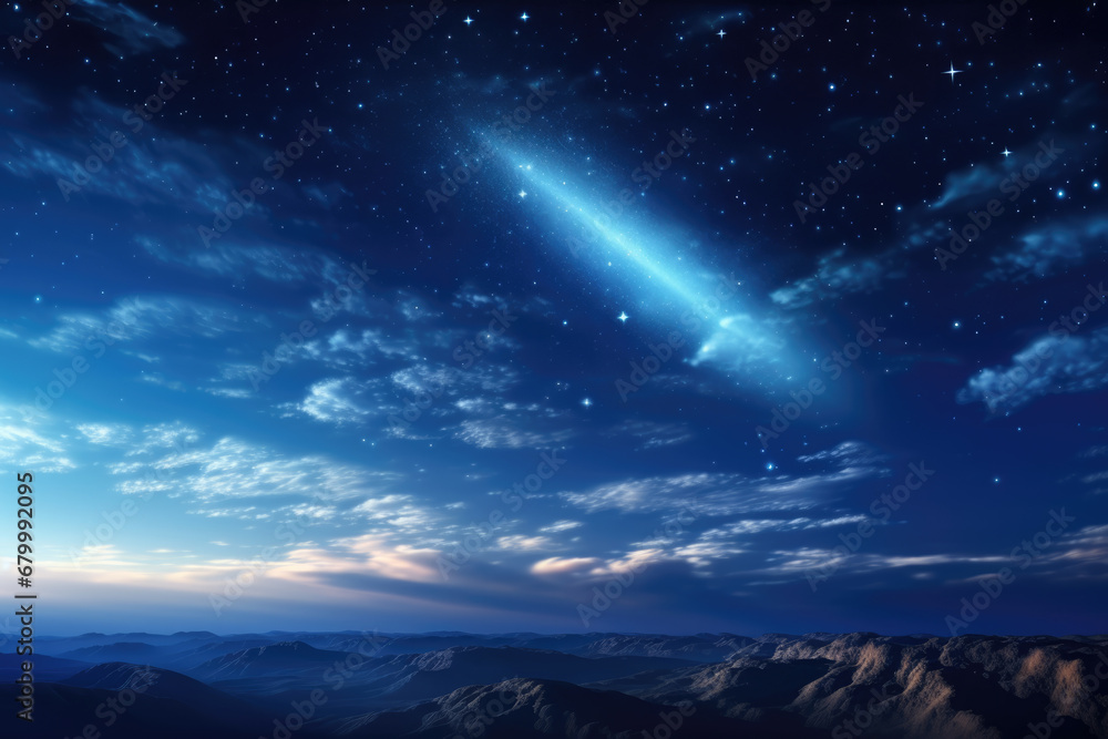 Christmas night. Comet star in night starry sky of Bethlehem. Nativity scene. Jesus Christ birth. The star shines over the manger of Jesus Christ. Christmas night. Comet star in night starry sky of Bethlehem. Nativity scene. Jesus Christ birth. The star shines over the manger of Jesus Christ.