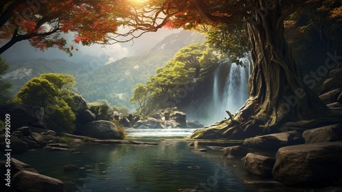 A tree by a pristine waterfall, nature's masterpiece