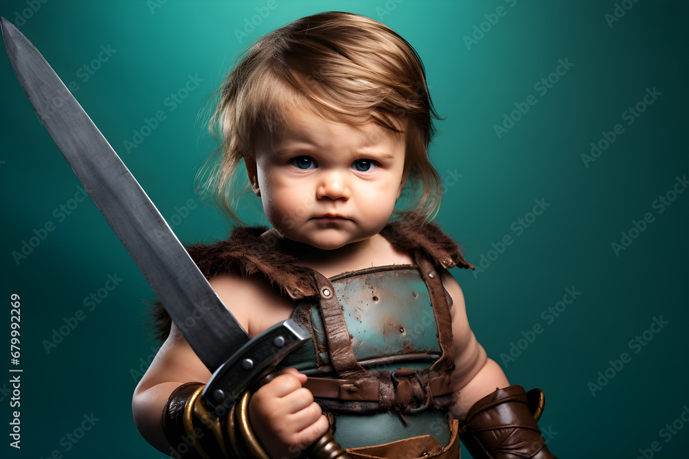studio portrait of baby warrior with sword - obrazy, fototapety, plakaty 
