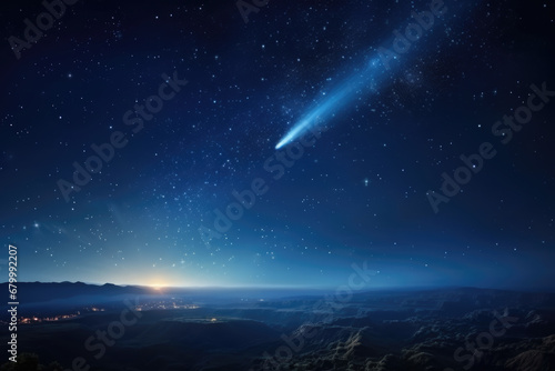 Christmas night. Comet star in night starry sky of Bethlehem. Nativity scene. Jesus Christ birth. The star shines over the manger of Jesus Christ. photo