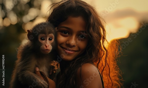 A young girl holding a baby monkey in her arms. Generative AI. photo