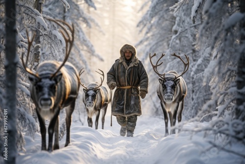 A man in a winter coat is leading a herd of reindeer through a snowy forest. Generative AI. photo