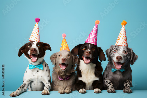 Group of friends dog in party celebration on pastel background.
