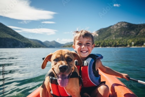 Cute little boy with dog on inflatable boat on lake. © igolaizola