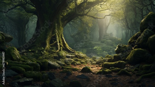 A tree in a mystical forest with ancient, moss-covered stones photo