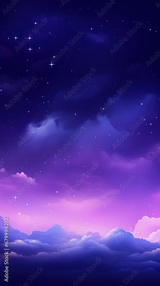 Purple gradient moonlight sky with clouds and stars. Smartphone background wallpaper