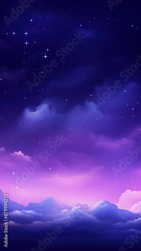 Purple gradient moonlight sky with clouds and stars. Smartphone background wallpaper