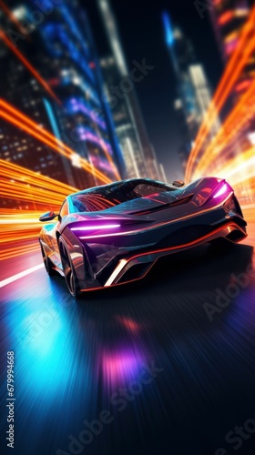 Racing Sportscar with Neon Lights Background