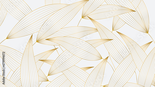 Fototapeta Naklejka Na Ścianę i Meble -  Luxury Gold Leaf Pattern on White Background. Hand-drawn wavy plants for packaging, social media, covers, banners, creative posts, and wall art in Japanese style.