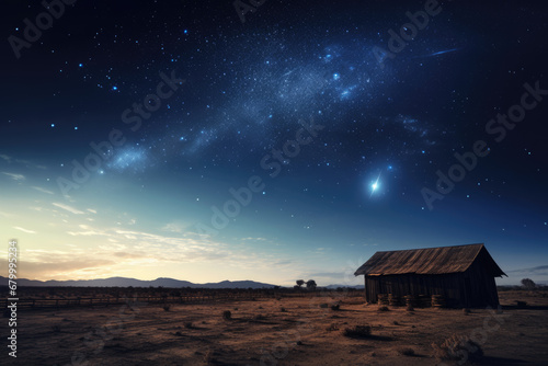 Christmas night. Comet star in night starry sky of Bethlehem. Nativity scene. Jesus Christ birth. The star shines over the manger of Jesus Christ.