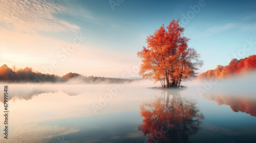 Autumn landscape with lake and trees.