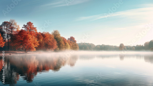 Autumn landscape with lake and trees.