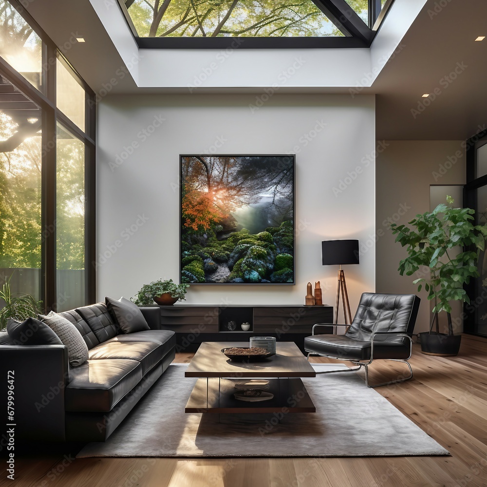 Fototapeta premium Modern and simple livingroom interior, suitable for catalog cover photos in magazines or advertisements. Generative AI