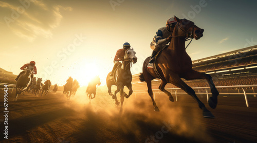 Fotografiet Horses and jockeys battling for first position on the race track, Horse racing concept