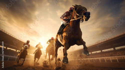 Horses and jockeys battling for first position on the race track, Horse racing concept. © tong2530
