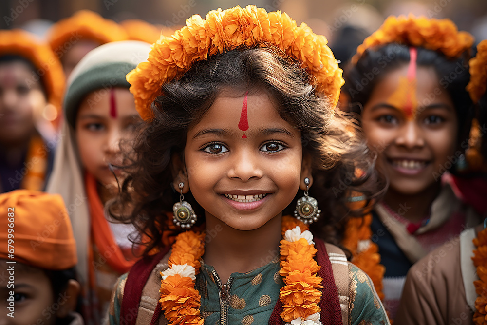 portraits of children of Indian origin celebrating the republic day of india, they are in a gathering of people and there are Indian flags. republic of india - obrazy, fototapety, plakaty 
