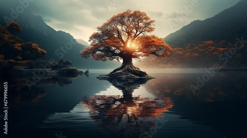A tree near a calm river, its reflection shimmering on the water's surface photo
