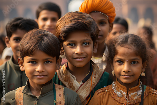 portraits of children of Indian origin celebrating the republic day of india, they are in a gathering of people and there are Indian flags. republic of india photo