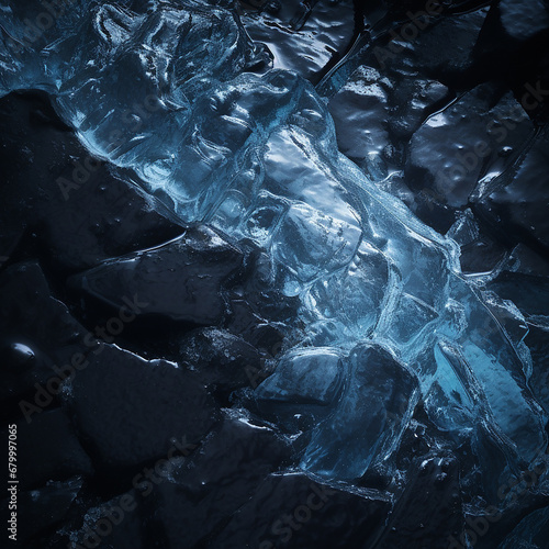 AI-Generated Image Melting Ice High-Def Frozen Ice Melt on Dark Surface Ice Cube Texture Macro Shot Water Droplets Close-Up Hires Shot of detailed Cracks on an Ice sheet against a Dark Background Glow © needsai