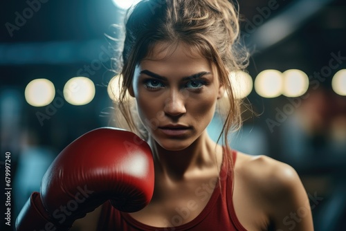 Shot of a focused female boxer, Gloves raised defensively, Eyes scanning her opponent, Embodying readiness and anticipation.