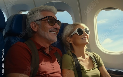 Portrait of happy senior couple with sunglasses in the airplane. Retired couple travel together