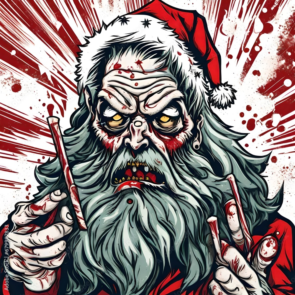 cartoon illustration of a zombie Santa Claus and splatters of blood at Christmas time cartoon illustration of a zombie Santa Claus and splatters of blood at Christmas time