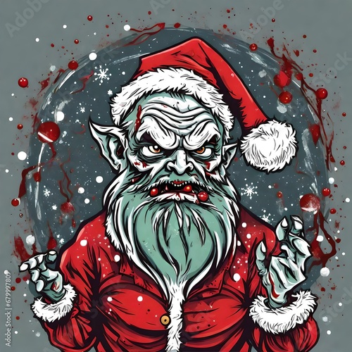 cartoon illustration of a zombie Santa Claus and splatters of blood at Christmas time