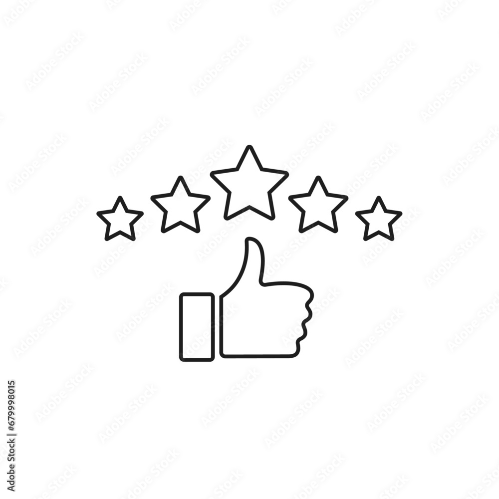 Five stars rating review icon. Feedback, Best seller, Quality icon. Hand with thumb up and stars rating icon Five stars rating review icon. Feedback, Best seller, Quality icon. Hand with thumb up and stars rating icon