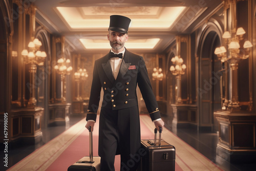 Bellman in black uniform pushes suitcases along the hotel corridor photo