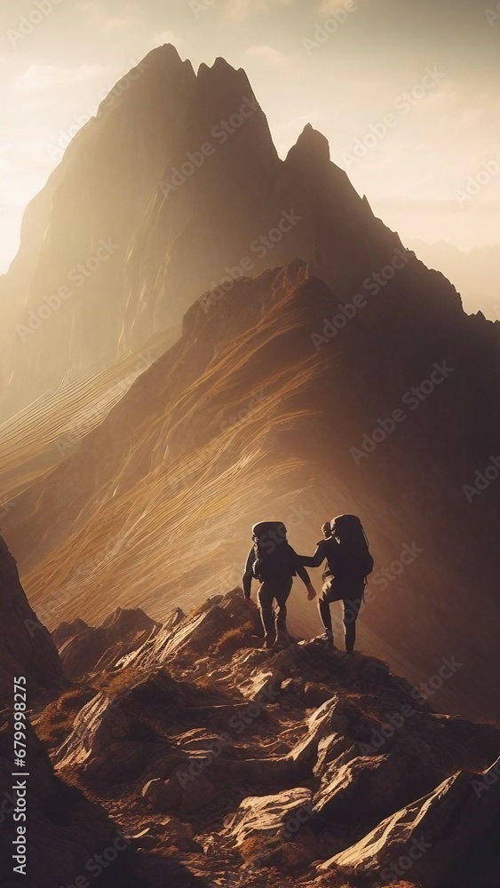 Two hikers walking up a mountain