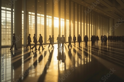 Group of business people walking in a hall of office building