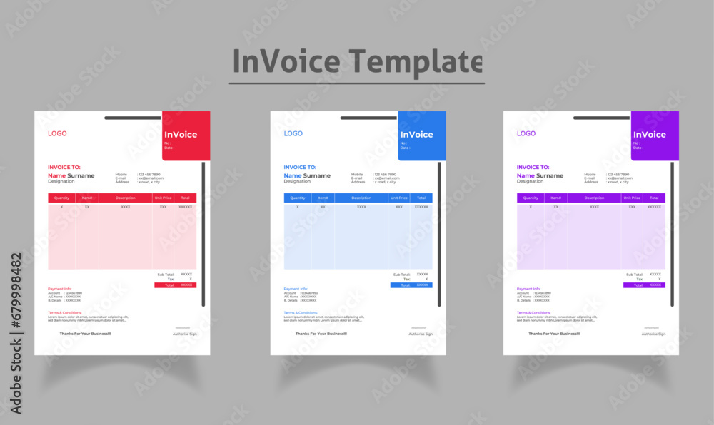 Modern and Creative professional business invoice template set | Red, Blue and Purple colors
