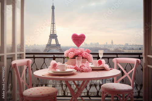 Valentine's Day table set for romantic breakfast in Paris decorated with heart and flowers. Table on the balcony overlooking the Eiffel Tower