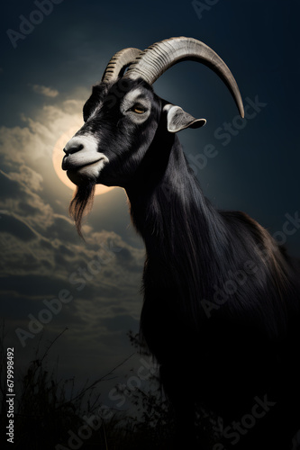 Black mountain goat on the rock against full moon