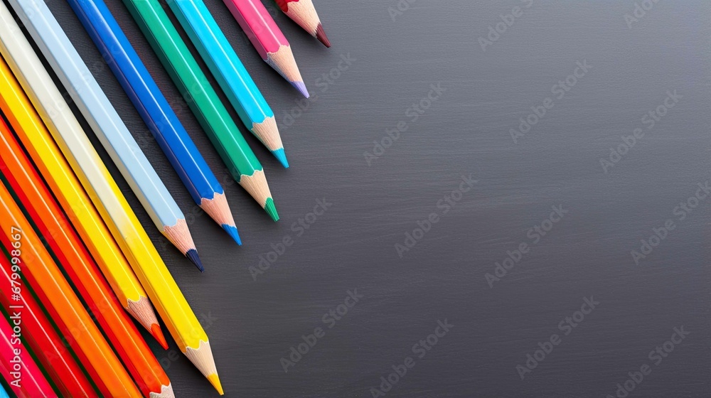 Pencils of different colors in a row on a black textured background - obrazy, fototapety, plakaty 