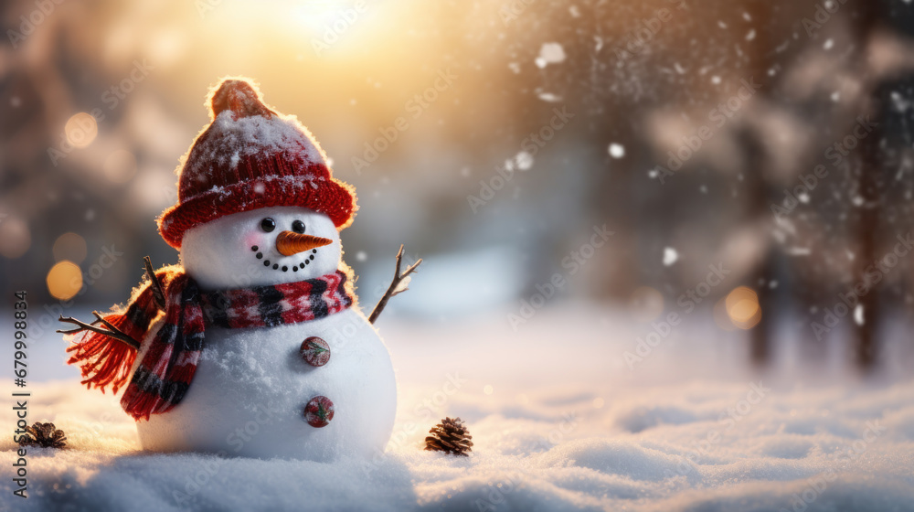Merry christmas and happy new year. Snowman with a carrot nose, hat, scarf, stick arms and christmas ornaments standing outside on winter scenery snow background. Winter fairytale. Generative ai