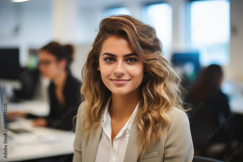 Portrait of Confident Human Resources Agent Smiling Happily While Collaborating Online with Colleagues in a Modern Office. Portrait of Confident Human Resources Agent Smiling Happily While Collaborating Online with Colleagues in a Modern Office.
