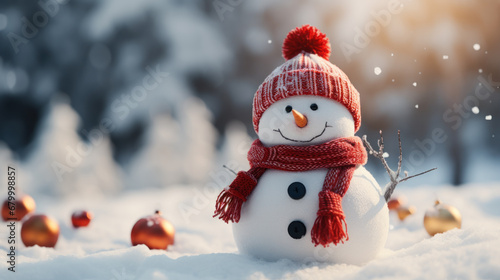 Merry christmas and happy new year. Snowman with a carrot nose, hat, scarf, stick arms and christmas ornaments standing outside on winter scenery snow background. Winter fairytale. Generative ai © goku4501