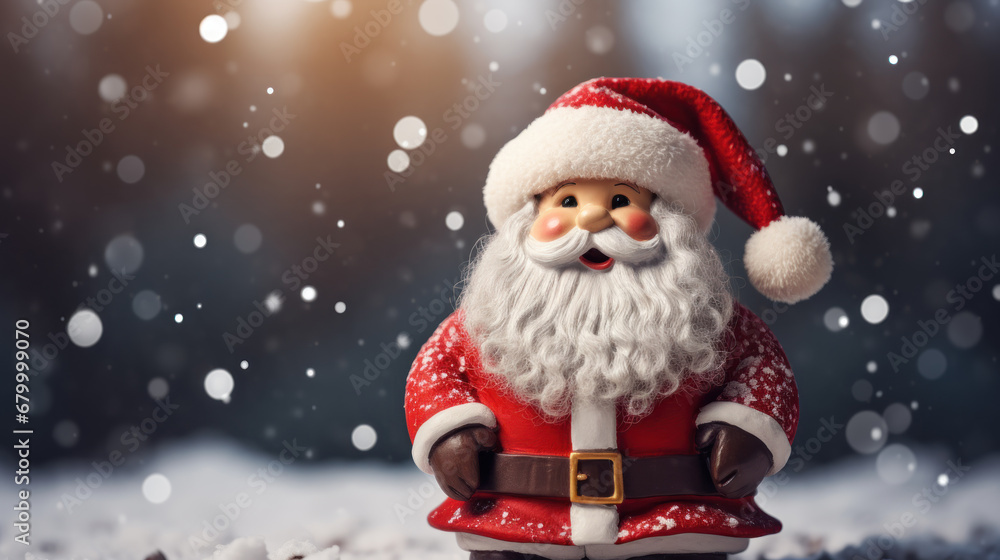 Merry christmas and happy new year. Cute Santa Claus and christmas festive on blurred light winter scenery snow. Fairytale character for Ads, banner, social media. Generative ai