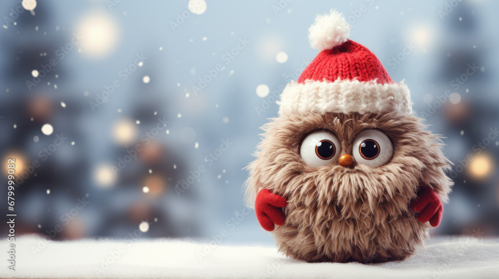 Merry christmas and happy new year. Cute owl and christmas festive on blurred light winter scenery snow. Fairytale character for Ads, banner, social media. Generative ai Merry christmas and happy new year. Cute owl and christmas festive on blurred light winter scenery snow. Fairytale character for Ads, banner, social media. Generative ai