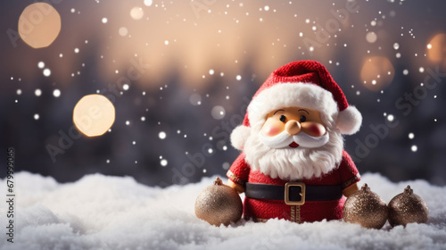 Merry christmas and happy new year. Cute Santa Claus and christmas festive on blurred light winter scenery snow. Fairytale character for Ads, banner, social media. Generative ai © goku4501