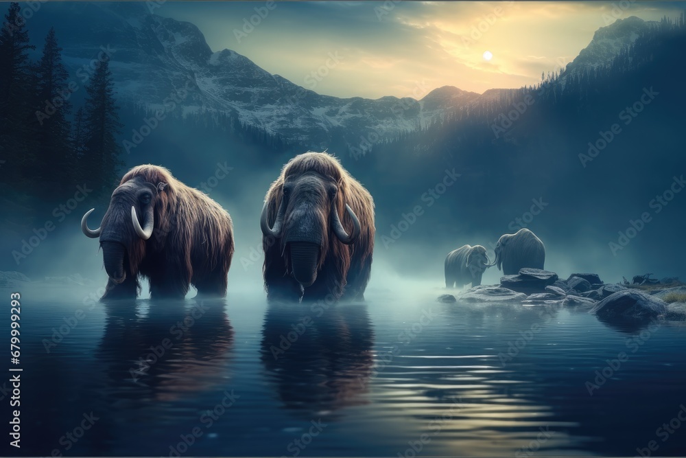 Woolly mammoths on summer mountain pond at night, Waterfall mist. - obrazy, fototapety, plakaty 