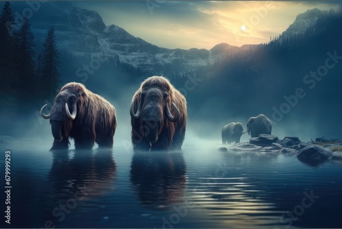 Woolly mammoths on summer mountain pond at night, Waterfall mist. photo
