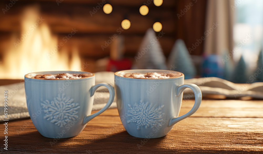 Two cups of coffee on a wooden table with a fireplace behind them. Two cups of coffee on a wooden table with a fireplace behind them.