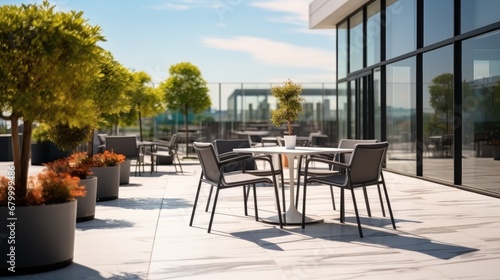 Empty chairs and tables outside office buildings.