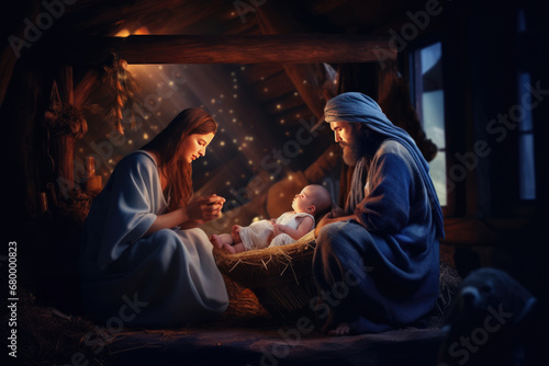 Nativity scene with Mary  Joseph and newborn baby Jesus. Christian Christmas scene with holy family. Birth of Salvation  Messiah  Emmanuel  God with us