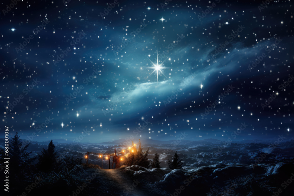 Fototapeta premium Christmas night. Comet star in night starry sky of Bethlehem. Nativity scene. Jesus Christ birth. The star shines over the manger of Jesus Christ.