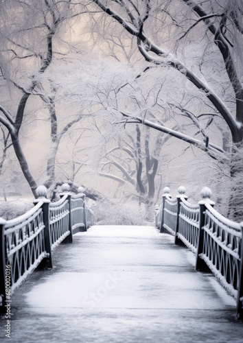 snow covered bridge in NYs central park in winter photo